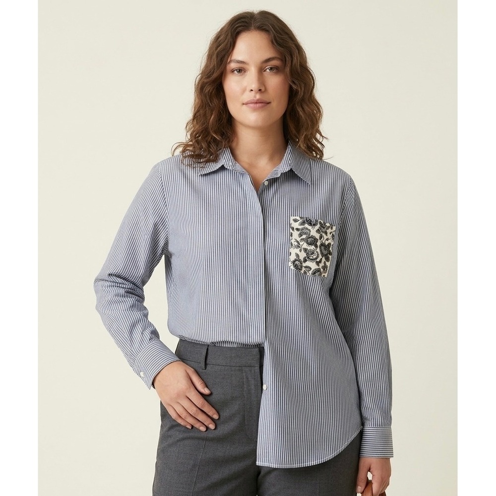 Thakoon Blue Pinstripe Floral Pocket‎ Button Down Shirt XL